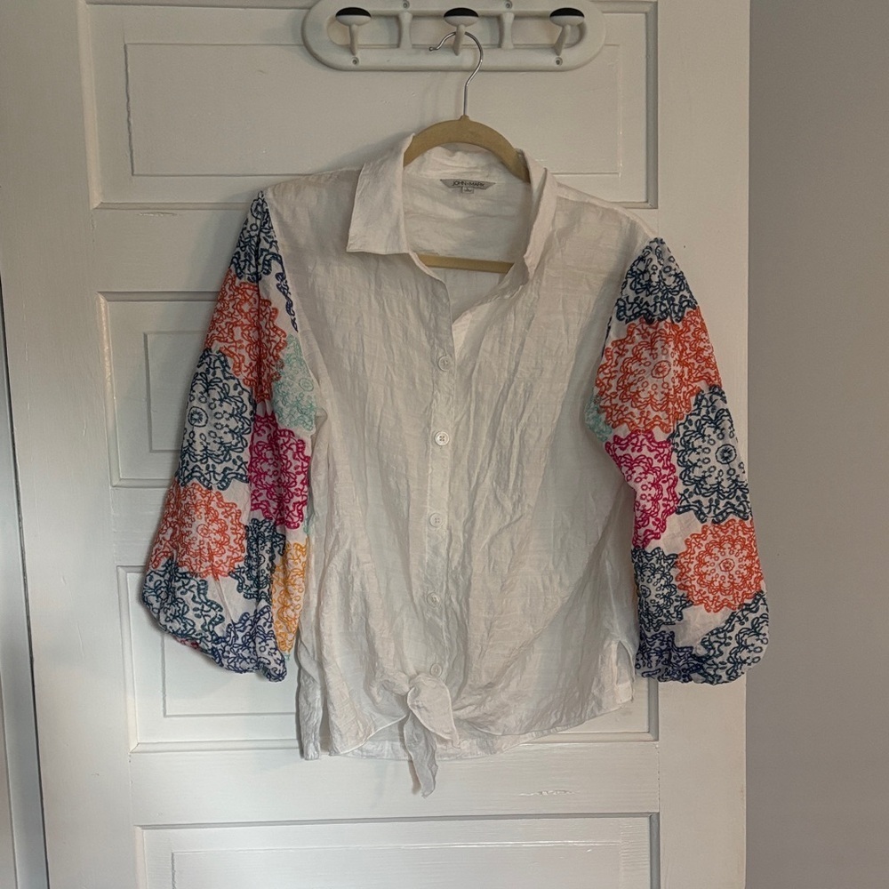 John Mark White Button Down with Colorful Embroidered Sleeves